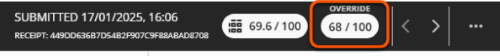 Adjacent mark pills showing Rubric mark = 69.6, Override mark = 68