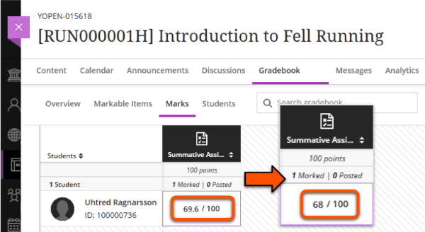 Marks tab grid of students and assessments. Original score of 69.6 in cell overridden to 68. No override label shown.