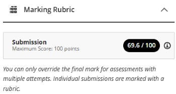 Note under rubric mark: You can only override the final mark for assessments with multiple attempts. Individual submissions are marked with a rubric.