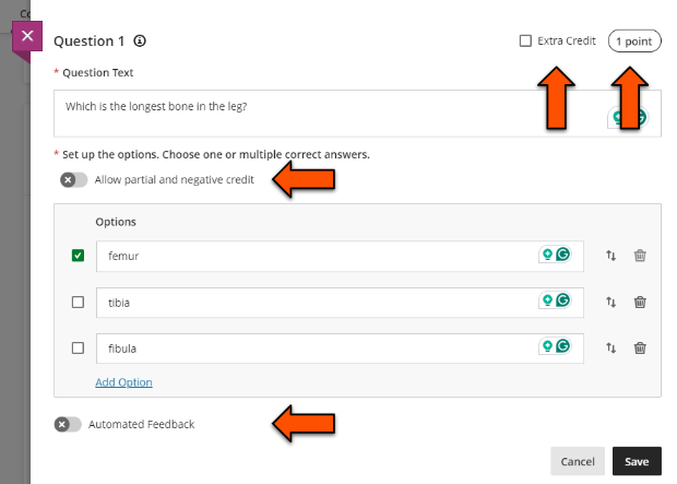 Multiple choice question manually built in the editor, highlighting optional features listed.