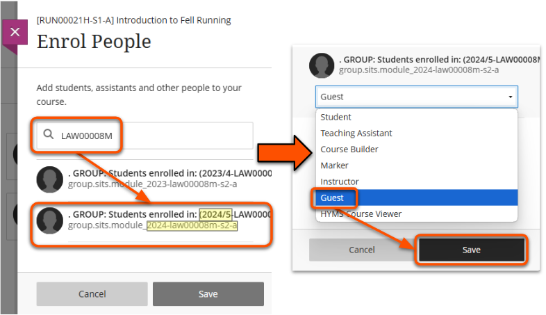 Searching for the module code returns two groups: previous and current year cohorts