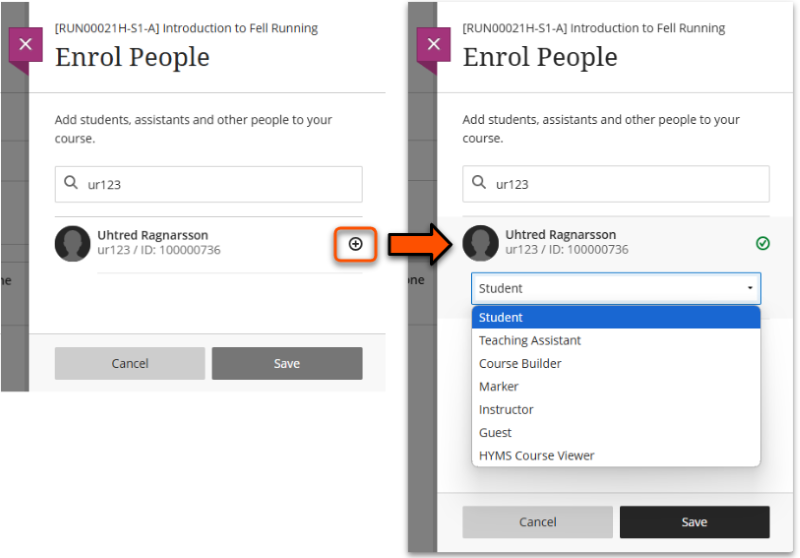 Role menu shows Student, Teaching Assistant, Course Builder, Marker, Instructor, Guest, HYMS Course Viewer